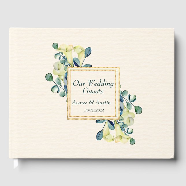 White Cala Lilies och Eucalyptus Bröllop Gästböcker (Framsida)