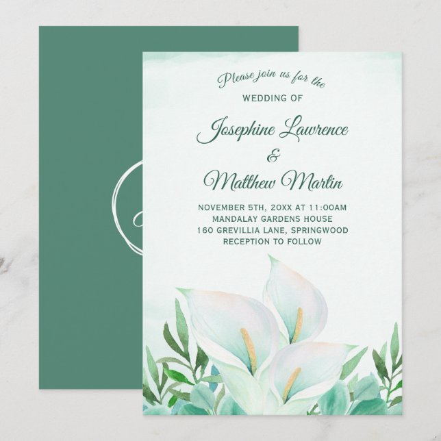 White Calla Lily Monogram bröllopsinbjudningar Inbjudningar (Fram/baksida)