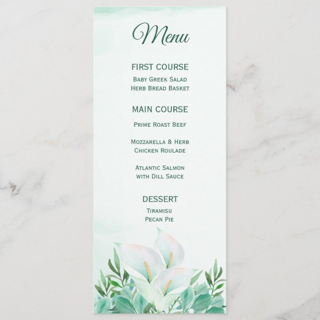 White Calla Lily Monogram Menus Meny (Framsida)