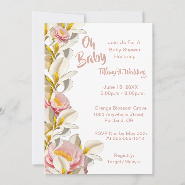 White Calla Lily & Peony Oh Flicka Baby Shower Inbjudningar (Framsida)