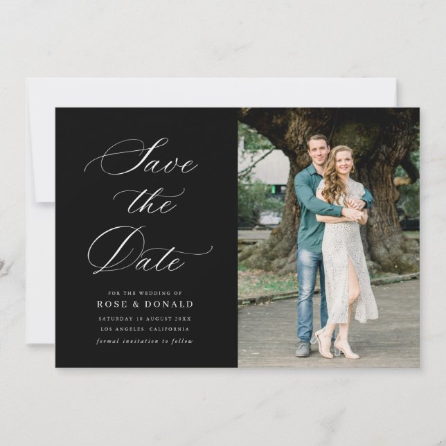 White calligraphy black wedding save the date card inbjudningar (Framsida)