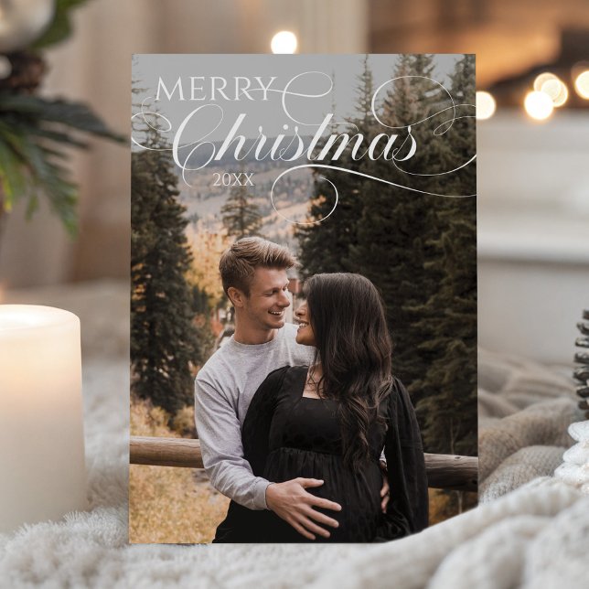 White Calligraphy Script Photo Merry Christmas Julkort (White Calligraphy Script Photo Merry Christmas Holiday Card)