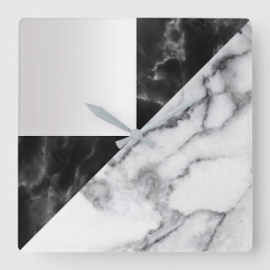 White Carrara Marble Grått Geometry Black Luxury Fyrkantig Klocka