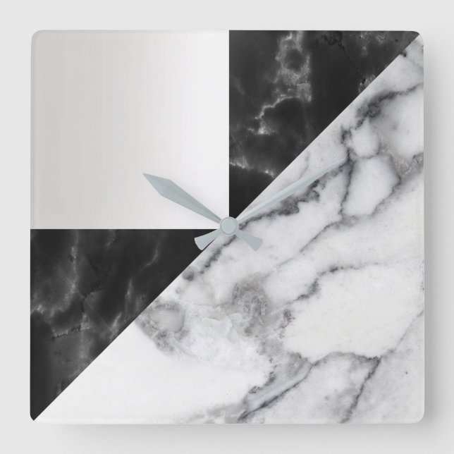 White Carrara Marble Grått Geometry Black Luxury Fyrkantig Klocka (Framsida)