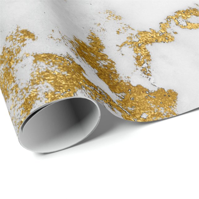 White Carrara Marble Grått Guld Glam Stone Presentpapper (Rullad Hörn)