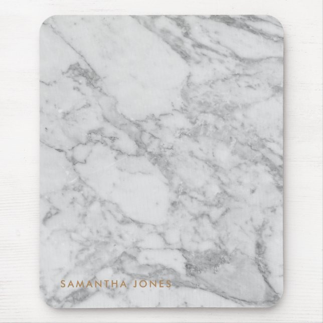 White Carrara Marble Guld Classic Personlig Musmatta (Framsidan)