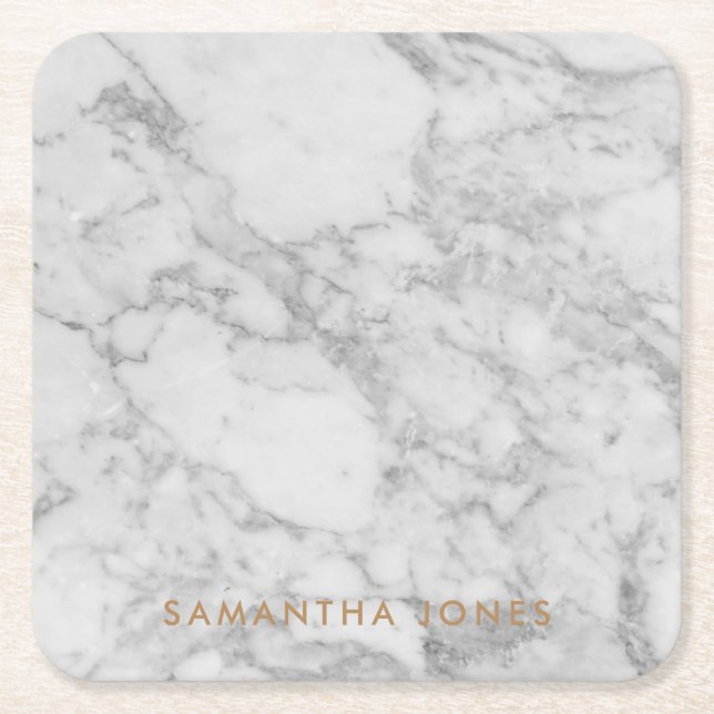 White Carrara Marble Guld Classic Personlig Underlägg Papper Kvadrat (Framsidan)