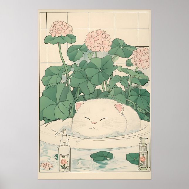 White Cat Bathtub Print, Ukiyo-e Japanese Art Poster (Framsidan)