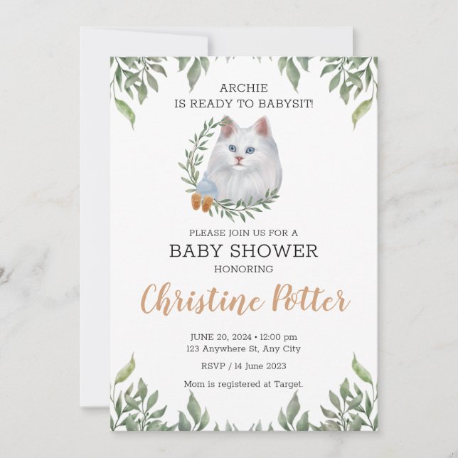 White Cat Blue Öga Greenery Boho Baby Shower Inbjudningar (Framsida)