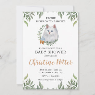 White Cat Blue Öga Greenery Boho Baby Shower Inbjudningar