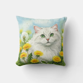 White Cat Dandelions Flowers Pillow Kudde