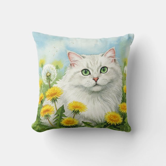 White Cat Dandelions Flowers Pillow Kudde (Framsida)