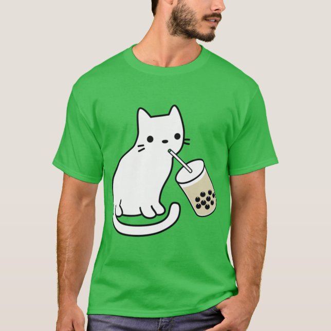 White Cat Drinking Boba Milkea boy T Shirt (Framsida)