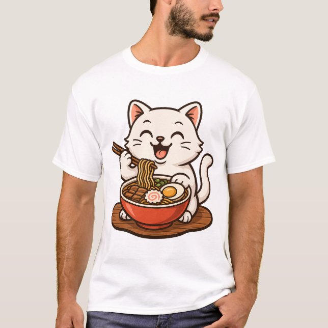White Cat Eating Ramen T Shirt (Framsida)
