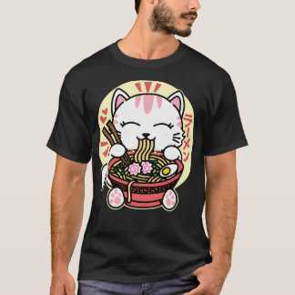 White Cat Eating Ramen T Shirt