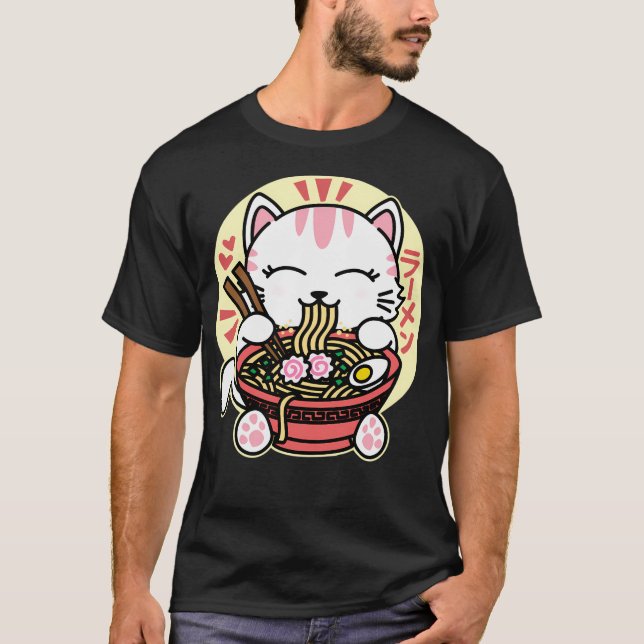 White Cat Eating Ramen T Shirt (Framsida)