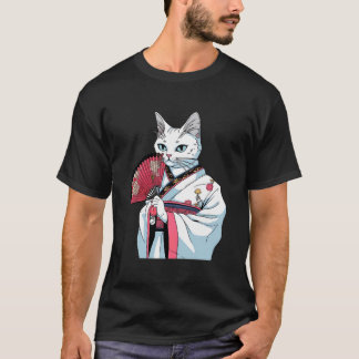 White Cat Geisha Funny Pet Kimono T Shirt