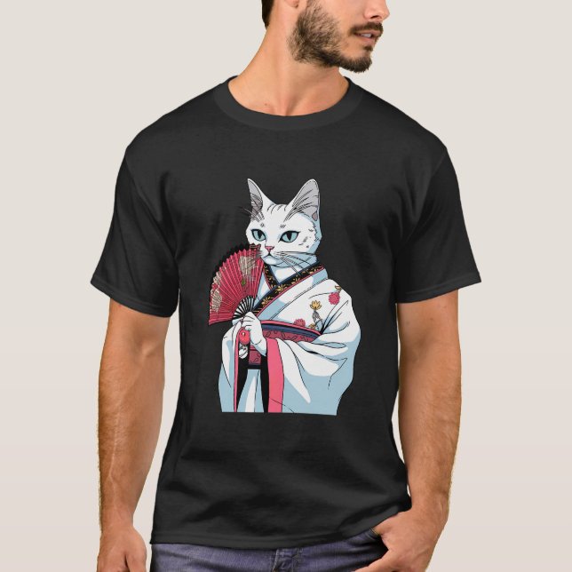 White Cat Geisha Funny Pet Kimono T Shirt (Framsida)