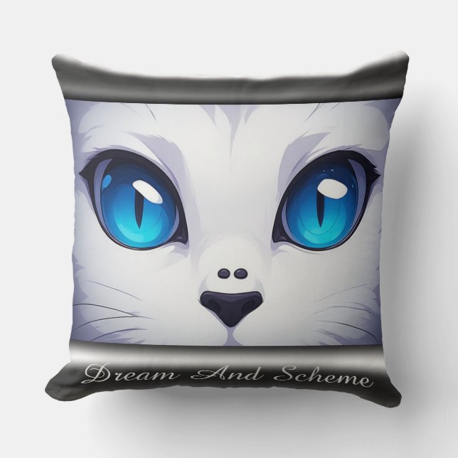 White Cat Illustration With Vibrant Blue Eyes Kudde (Framsida)