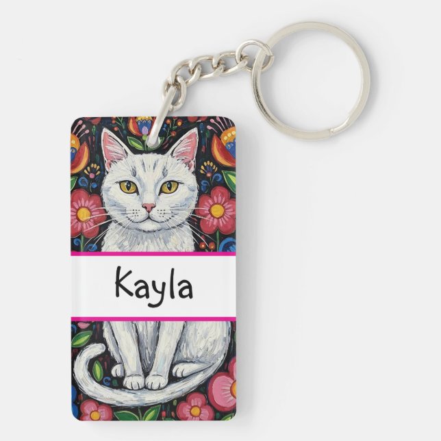 White Cat in Colorful Folk Art Flowers Personalize (Baksidan)