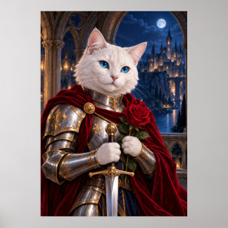 White Cat Knight with Red Rose Fantasy Art Poster