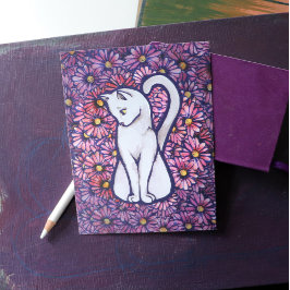 White Cat Mauve Daisys Vykort