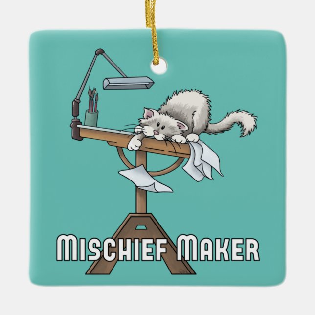 White Cat MisChief Maker Ceramic Ornament (Framsida)