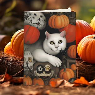 White Cat Pumpkins Calavera Artistic Halloween Helgkort