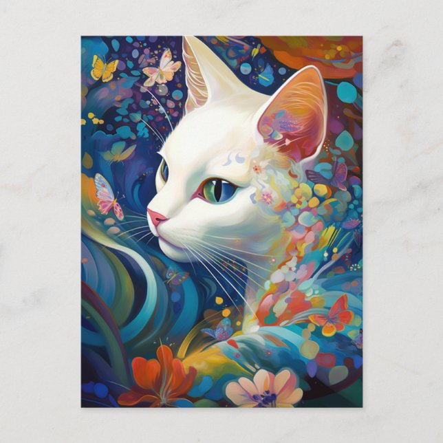 White Cat Surreal Beautfiul Fantasy Art Vykort (Framsida)
