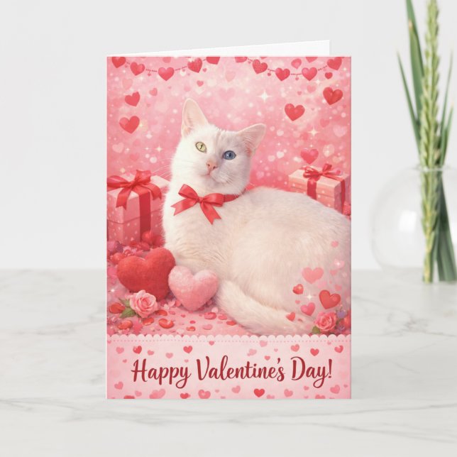 White cat valentine's day hearts card kort (Framsida)