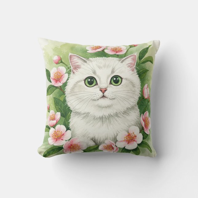 White Cat Vår blommor Pillow Kudde (Framsida)