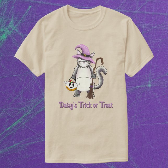 White Cat Witch Whimsical Halloween Treat Unisex T Shirt (White Cat Witch Broom illustration. Cute spooky season  t-shirt. Personalised halloween gift)