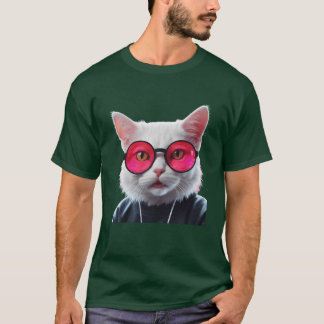 White Cat with Pink Glasses Cool T Shirt