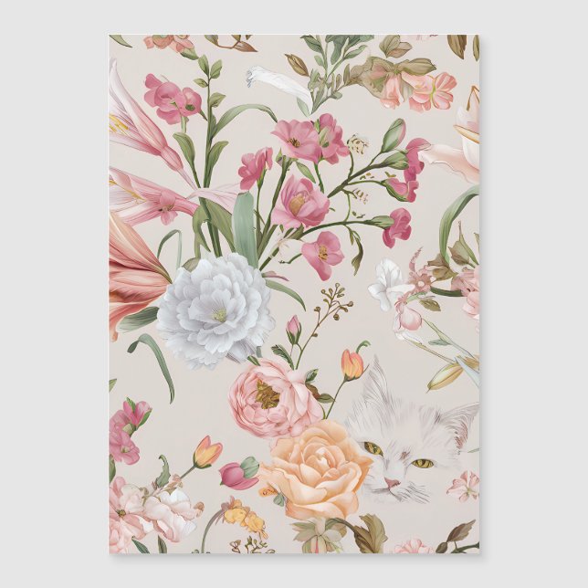 White Cats Pink Roses Floral Flat Thank You Card (Framsida)