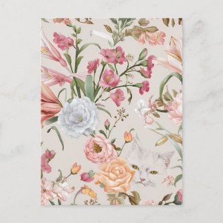 White Cats Pink Roses Floral Holiday Postcard Helg Vykort