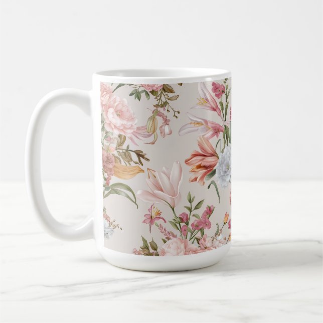 White Cats Pink Roses Floral  Kaffemugg (Vänster)