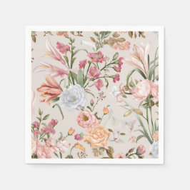 White Cats Pink Roses Floral  Pappersservett