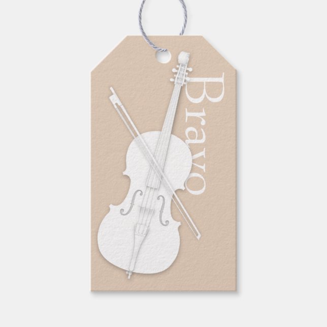White Cello & Bow Beige Musical Tillfälle Anpassni Presentetikett (Framsidan)