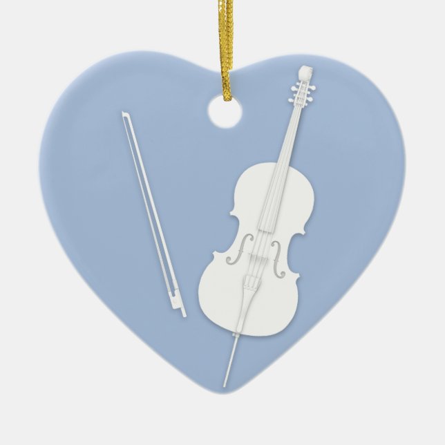 White Cello & Bow Light Blue Anpassningsbar Heart  Julgransprydnad Keramik (Framsidan)