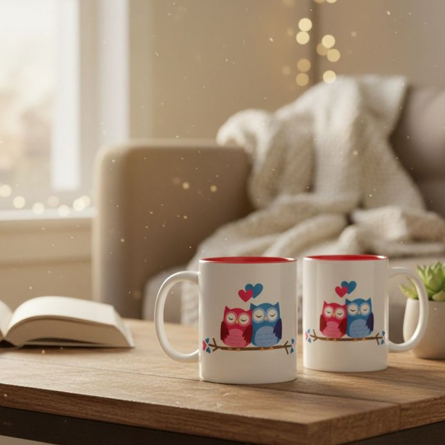 White Ceramic Mug with Romantic Owl Couple Två-Tonad Mugg (Skapare uppladdad)
