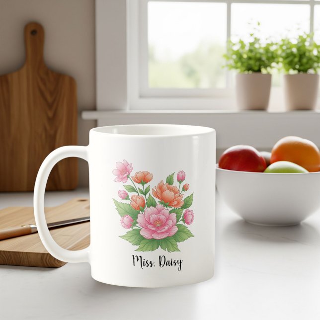 White Ceramic Personalized Mug with Floral Design  Kaffemugg (Skapare uppladdad)