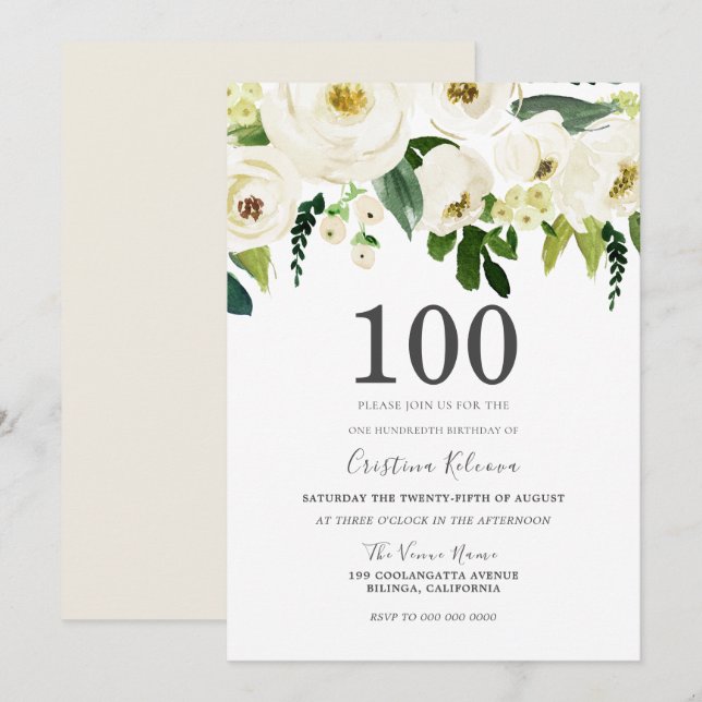White Champagne Flowers 100:e Födelsedagsfesten Inbjudningar (Fram/baksida)