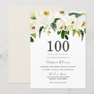 White Champagne Flowers 100:e Födelsedagsfesten Inbjudningar