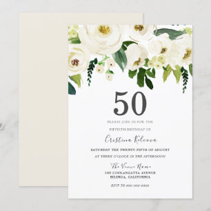 White Champagne Flowers 50:e Födelsedagsfesten Inbjudningar