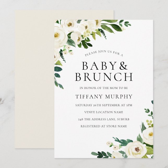 White Champagne Flowers Elegant Baby Shower Brunch Inbjudningar (Fram/baksida)