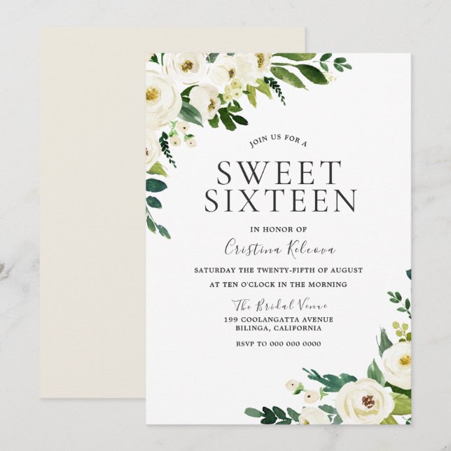 White Champagne Flowers Elegant Sweet 16 Inbjudningar (Fram/baksida)