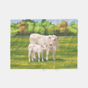 White Charolais Cow & Cute Calf Beef Cattle Fleecefilt