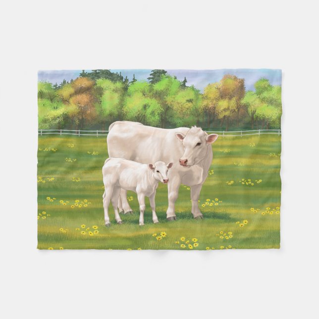 White Charolais Cow & Cute Calf Beef Cattle Fleecefilt (Framsidan (Horisontell))