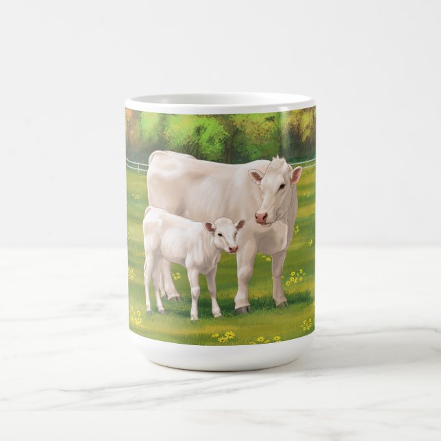 White Charolais Cow & Cute Calf Beef Cattle Kaffemugg (Center)