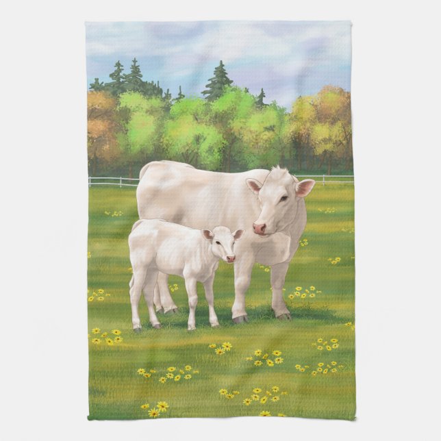 White Charolais Cow & Cute Calf Beef Cattle Kökshandduk (Vertikal)